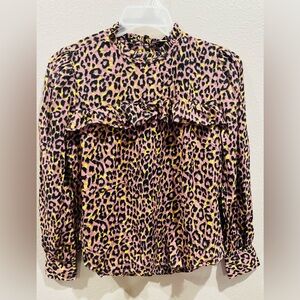 LOFT Pink Leopard Print Ruffle Blouse